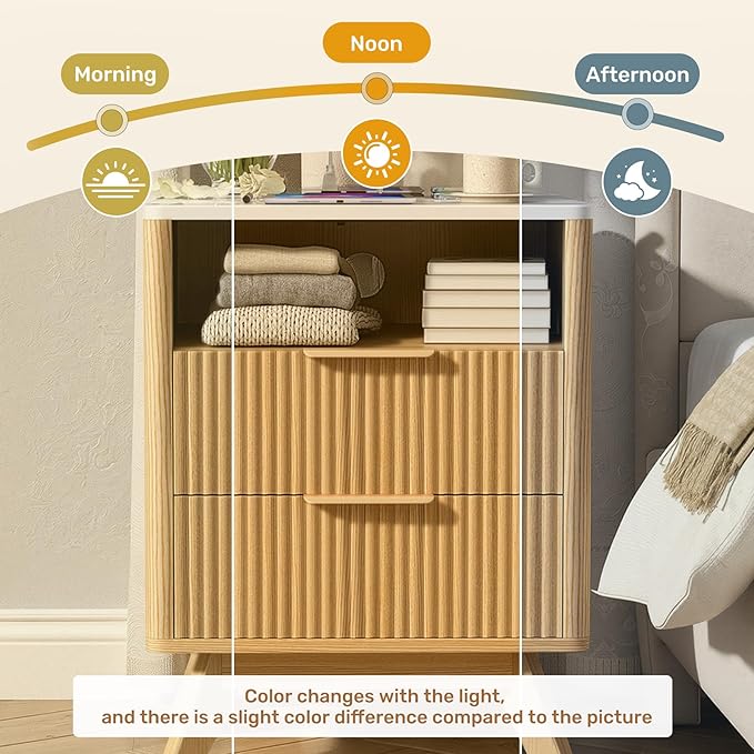 Modern Nightstand Set of 2, Bedside Tables with Charging Station & Drawer, Mid-Century End Tables for Bedroom, Sturdy Storage Side Tables,Natural Oak