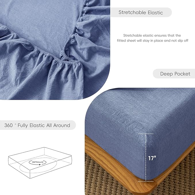 MooMee Fitted Bottom Sheet Only 100% Washed Cotton Linen Like Textured Breathable Durable Soft Comfy Deep Pocket Fits Mattress up to 17" (Blue, King)