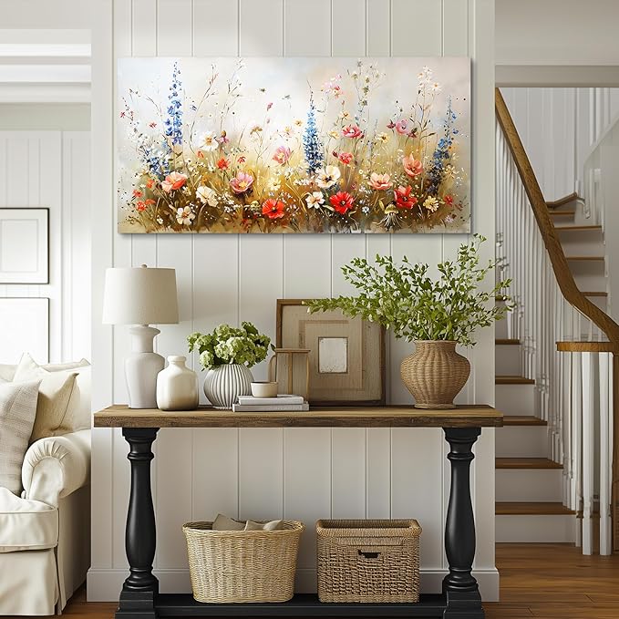SERIMINO Modern Wildflower Wall Art, Rustic Botanical Floral Extra Large Artwork, Flower Market Canvas Art Prints, Nature Plant Wall Pictures for Living Room Dining Room Farmhouse Cottage 29X57 Inch