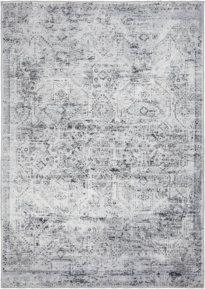 Area Rug 5×7, Vintage Boho Rug,Ultra-Soft Low Pile, Washable, Non Slip,Stain Resistant Printed Carpet for Living Room Bedrooms Playroom Office Kitchen, Classic Grey.