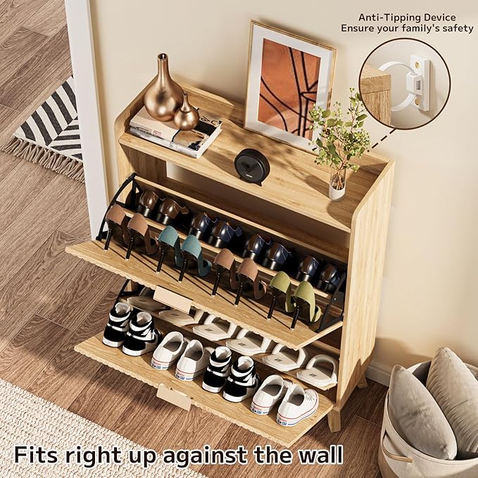 Fluted Shoe Cabinet with 2 Flip Drawers, Mid Century Modern Shoe Storage Cabinet for Entryway, Hidden Shoes Rack Cabinets Free Standing Shoes Organizer for Hallway(Oak)