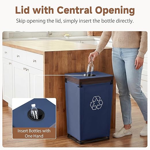 StorageWorks Recycling Bin with Lid, 29Gal Large Recycling Bin for Kitchen, Indoor Recycling Bins with 2 Reusable Washable Bags for Bottles and Cans, Steel Frame Fabric Sorter, 110L, Blue
