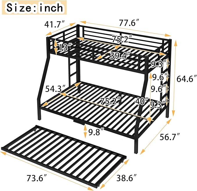 Upgraded Version Thicken Heavy Duty Metal Twin Over Full Bunk Bed with Twin Size Trundle, Modern Style Stronger Bunk Bed Frame Twin Over Full Size for Adults, Easy Assembly (Twin/Full)