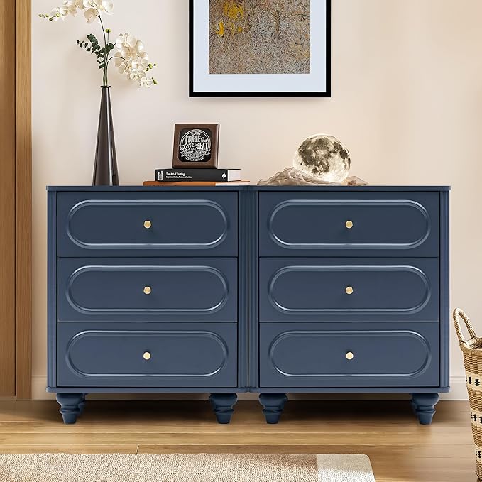 3 Drawer Fluted Dresser for Bedroom, Mid Century Modern Chest of Drawers, Wood Storage Small Dresser Organizer for Bedroom Living Room Hallway Closet, Blue