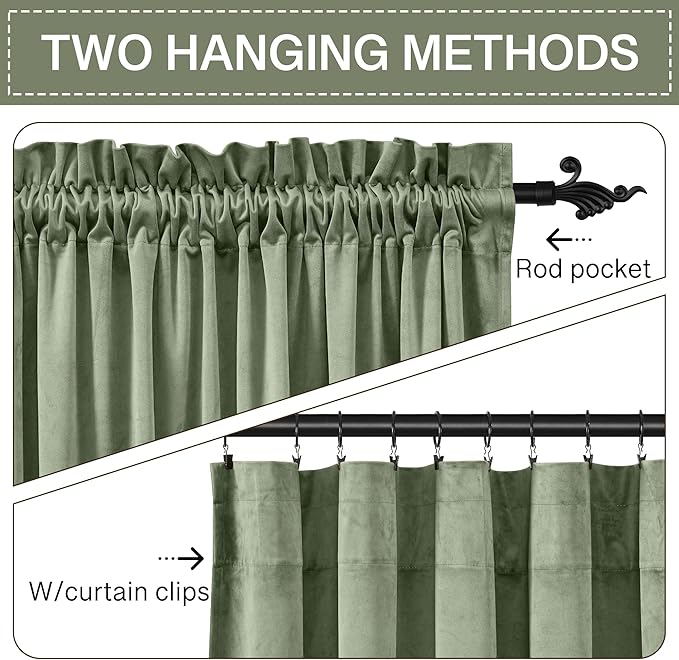 StangH Sage Green Velvet Curtains for Nursery Bedroom Rod Pocket Room Darkening Privacy Curtain Panels Heritage Plush Heat Insulation Drapes for Living Room, W62 x L84, 2 Panels