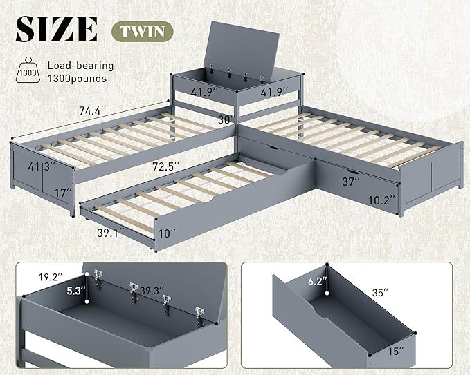 AMERLIFE L-Shaped Twin Trundle Bed with Flip-Top Storage Desk, Space-Saving Solid Wood Platform Bed Frame, Grey Finish, Multi-Functional Twin Bed for Kids and Families