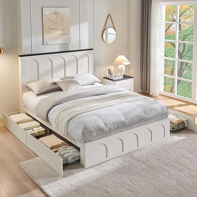 ACCOHOHO Queen Size Bed Frame Modern with 52" Tall Arched Recessed Headboard and 4 Drawers, Solid Wood Slats Support, Wood Platform, Noise Free, No Box Spring Needed, Antique White