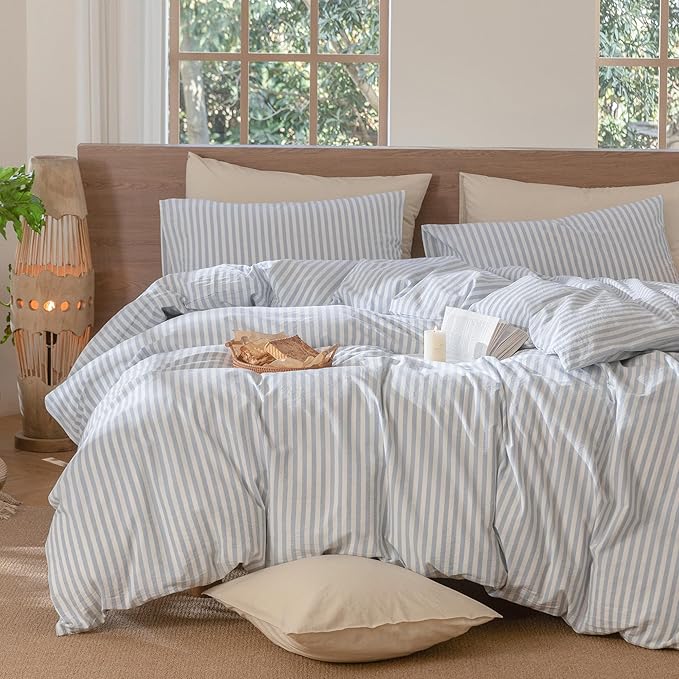 MooMee Striped Duvet Cover Set 100% Washed Cotton Linen Like Textured Breathable Durable Soft Comfy (Cornflower Blue White Classic Stripes, King 104"x90")