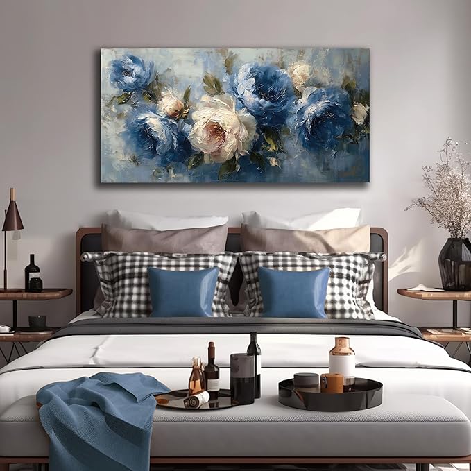 JuhaiArt Blue Wall Art Bedroom Large Flower Canvas Wall Decor Peony Floral Picture Art White Artwork for Living Room Office 29" x 59"