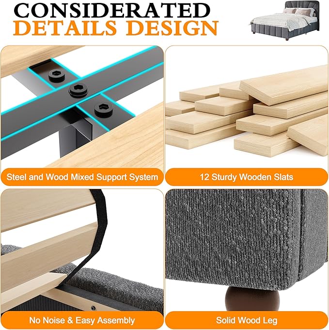 Queen Size Boucle Bed Frame Upholstered Bed Frame Queen with Adjustable Headboard, Solid Wood Slats Support, Bed for Bedroom Apartment, Dorm, No Box Spring Needed, Easy Assembly, Noise-Free, Grey