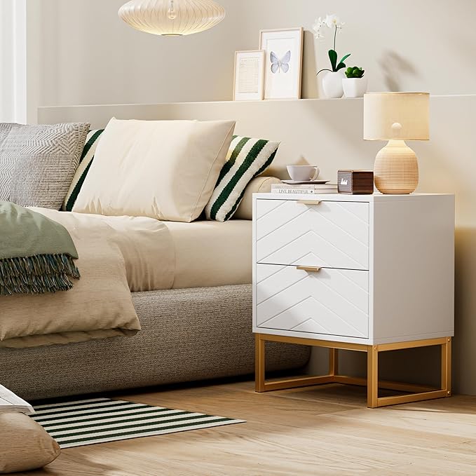 Anbuy 3 Pieces Bedroom Sets 6 Drawer Dresser and Nightstand Sets for Bedroom, Night Stand Set of 2 & 6 Drawer Dresser with Gold Handles, Morden Wood Chest of Drawers Storage Cabinet Set, White