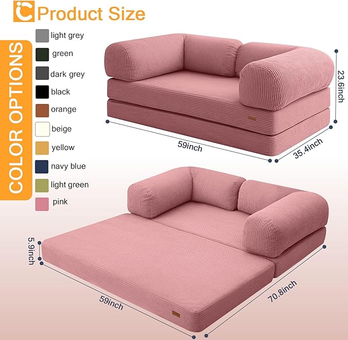 COMAX Folding Sofa Bed Queen, 4-in-1 Convertible Foldable Floor Couch Futon Sofa with Armrests, Sleeper Mattress Fold Out Chair Bed Comfy Portable Lounge Guest for Living Room Bedroom, Pink