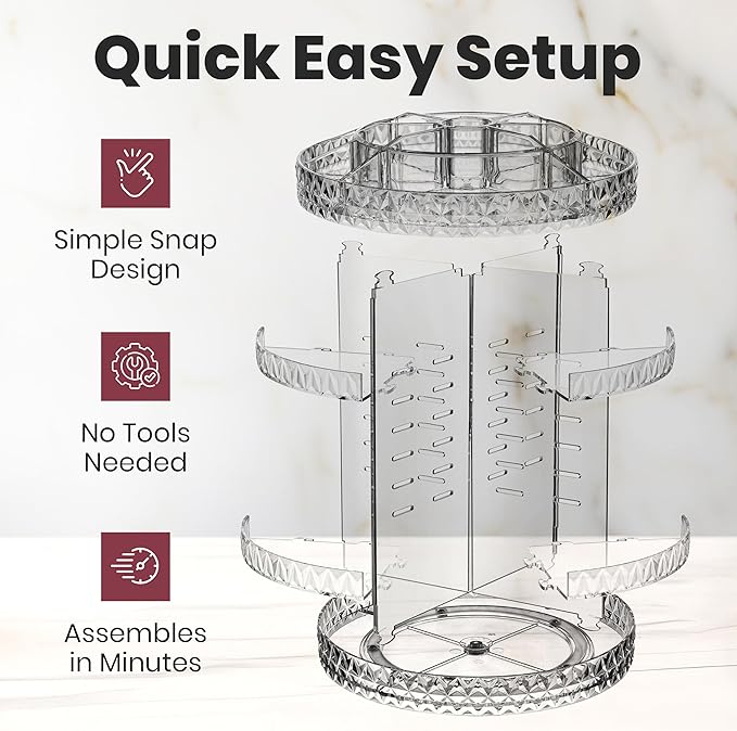 360 Rotating Makeup Organizer Diamond Design - Adjustable Shelf Height and Fully Rotatable - The Perfect Round Spinning Cosmetic Organizer for Bedroom Dresser or Vanity Countertop Storage (Clear)