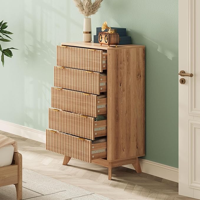 43'' Hight 5 Drawers Dresser for Bedroom,Modern Fluted Vertical Chest with Rounded Corners,Fluted Dresser for Living Room,Hallway, Natural Wood