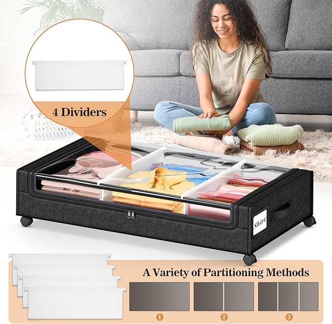 2 Pack Under Bed Storage with 4 Dividers, Large Under Bed Storage Containers with Wheels for Clothes, Shoes, XXL Rolling Underbed Storage Organizer Bins with Clear Lids and Handles