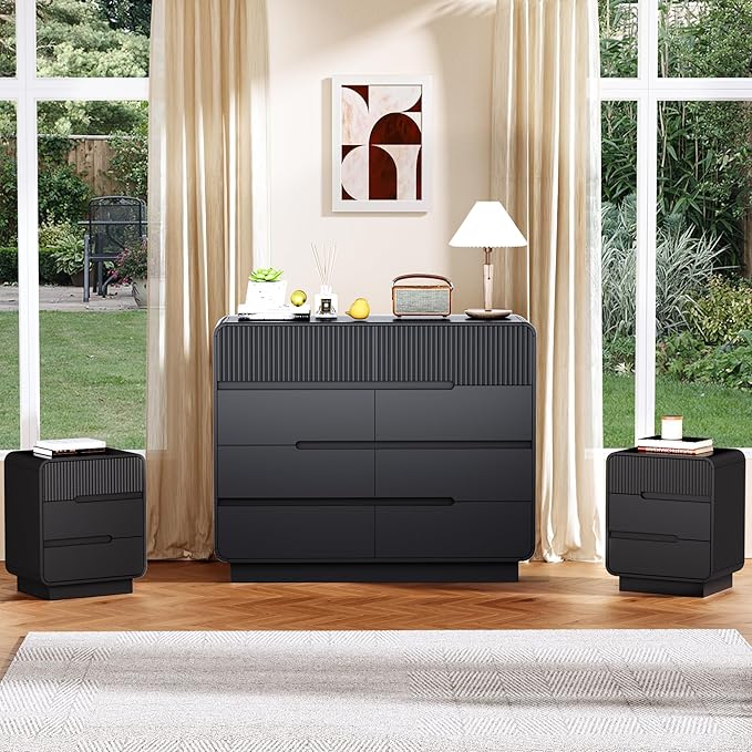 8 Drawer Dresser and 2 Nightstand Sets for Bedroom 3 Pcs Bedroom Set, Modern 39.4" Fluted Dresser with Invisible Handles Nightstand Charging Station, Bedroom Furniture Set for Living Room, Black
