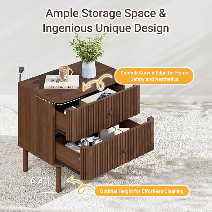 Night Stand Set of 2 with Charging Station, 24" Large Fluted Nightstand with Rounded Corners & Solid Wood Legs, 2 Drawers Mid Century Modern Bedside Table for Bedroom, Walnut