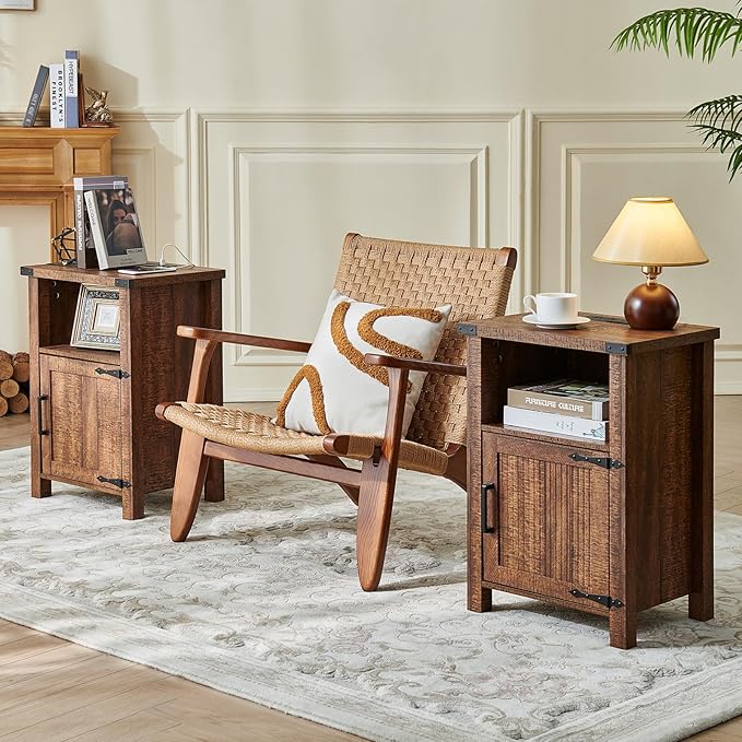 Joaxswe Night Stand Set of 2, 18 Inch Farmhouse Nightstand with with Charging Station and USB Port, Rustic Wood Bedside Table with Magnetic Door, Bed Side Tables for Bedroom, Reclaimed Barnwood