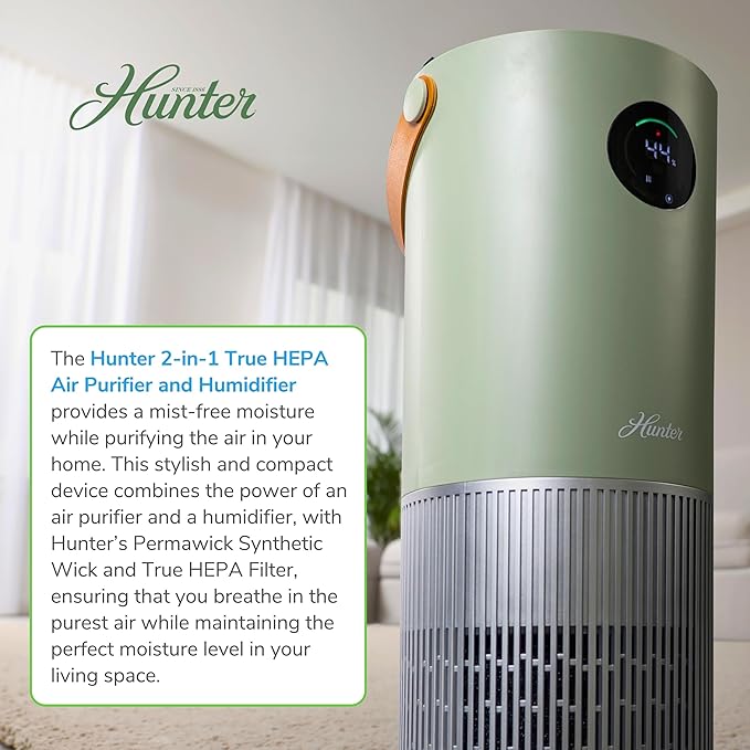Hunter Fan Company Humidifier and Air Purifier In One, Advanced Filtration Air Purifiers for Home, Air Purifiers for Home Pets, Humidifiers for Bedroom and Humidifiers for Bedroom Baby, Sage/Silver