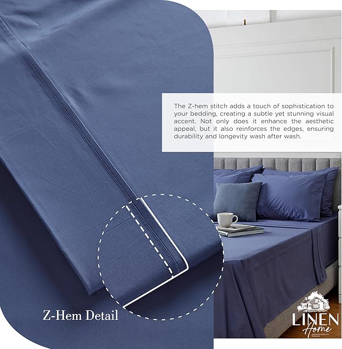 Linen Home 100% Cotton Percale Sheets Full Size, Dark Blue, Deep Pocket, 4 Pieces Set - 1 Flat, 1 Deep Pocket Fitted Sheet and 2 Pillowcases, Crisp Cool and Strong Bed Linen