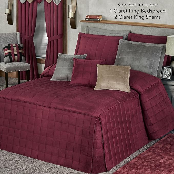 Touch of Class Camden Luxury Bedding | Neutral Claret Color | Grande Fitted Bedspread | Faux Suede Box Quilted Design | Designed 3 Piece Set Includes King Bedspread and 2 King Shams