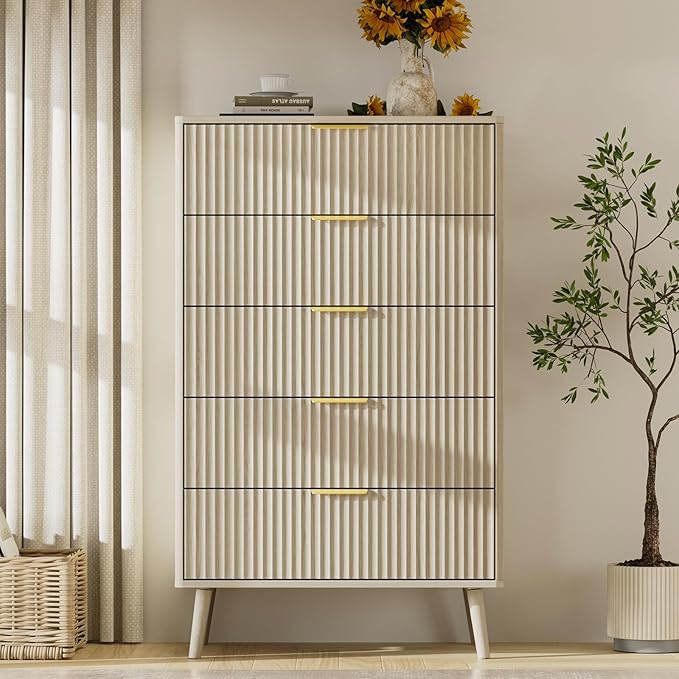 LYNSOM Fluted 5 Drawers Dresser, 45" Tall Modern Chest of Drawers with Curved Profile Design and Metal Handle, Wood Drawer Organizer for Bedroom, Living Room, Hallway, Entryway, Beige