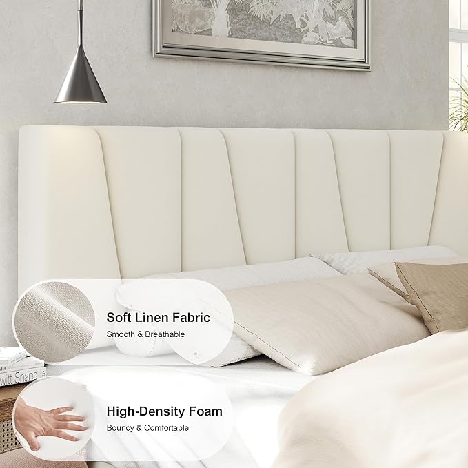 Queen Size Bed Frame with Fabric Upholstered Headboard, Platform Bed with Wooden Slats Support, Fully Mattress Foundation, Box Spring Optional, Easy Assembly