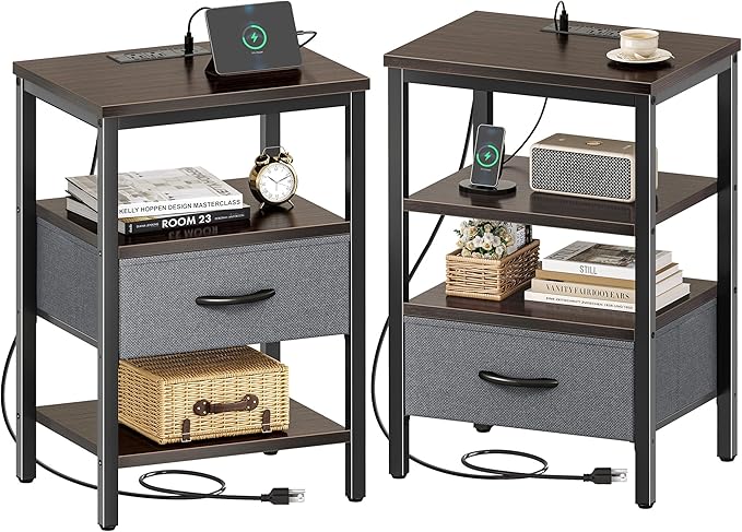 SUPERJARE Nightstand Set of 2, Bed Side Tables with Charging Station, Adjustable Fabric Drawer, Night Stand for Bedroom, 3-Tier Storage End Tables, Walnut, 8694NC