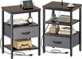 SUPERJARE Nightstand Set of 2, Bed Side Tables with Charging Station, Adjustable Fabric Drawer, Night Stand for Bedroom, 3-Tier Storage End Tables, Walnut, 8694NC