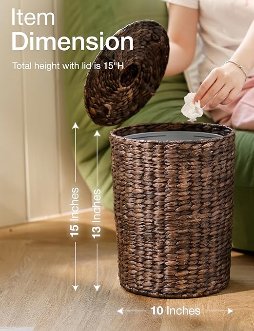 4 Gallons Wicker Waste Basket - Water Hyacinth Bathroom Trash Can - Garbage Can with Lid Boho Style - Wicker Trash Can with Lid for Bedroom, Kitchen - Removable Liner (Black Color)