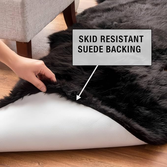 Authentic Black Sheepskin Rug 2x6 ft, Genuine Double Pelt Fluffy Fur Area Rug for Bedroom, Living Room & Home Decor, Soft Natural Sheep Skin Throw