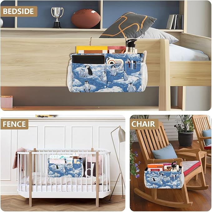 Bedside Caddy Hanging Bunk Bed Caddy Bed Organizer Hanging Pocket with 2 Hooks Bedside Storage Organizer Pocket Bag Holder Blue Penguins Ice Floes Snow Water