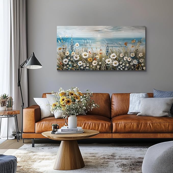 SERIMINO Large Wall Art for Living Room, Coastal Landscape Wall Decor, Beach Daisy Canvas Prints Farmhouse Decor, Wildflowers Bathroom Pictures Home Decor Aesthetic, Dining Room Kitchen Artwork 24"X48"