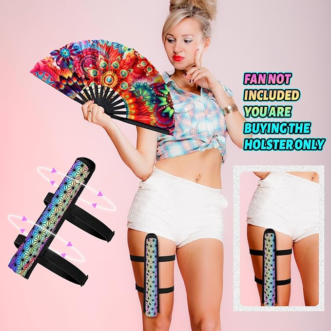 Summer Rave Fan Thigh Holster Rave Fan Holder Folding Hand Pouch Foldable Sleeves with Waist Belt for Thigh Party