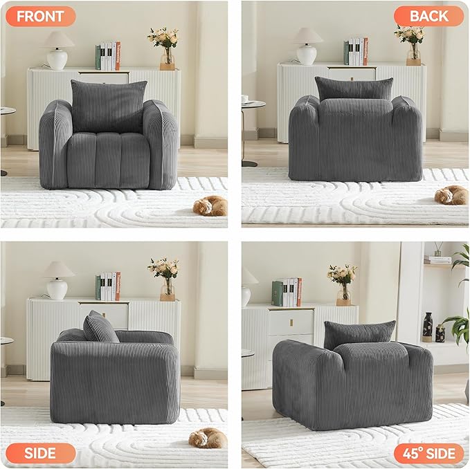 Oversized Boneless Corduroy Accent Chair, Comfy Deep Seat Armchair for Bedroom, Modern Upholstered Living Room Sofa Chair with Pillow, No Assembly, Grey