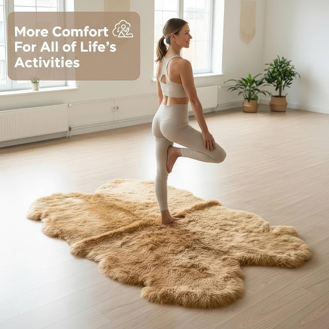 Large Sheepskin Rug for Living Room - 4x6 Light Brown Sheep Skin Rug for Bed Room - Multi Use As a Yoga Mat - All Natural Sheep Fur