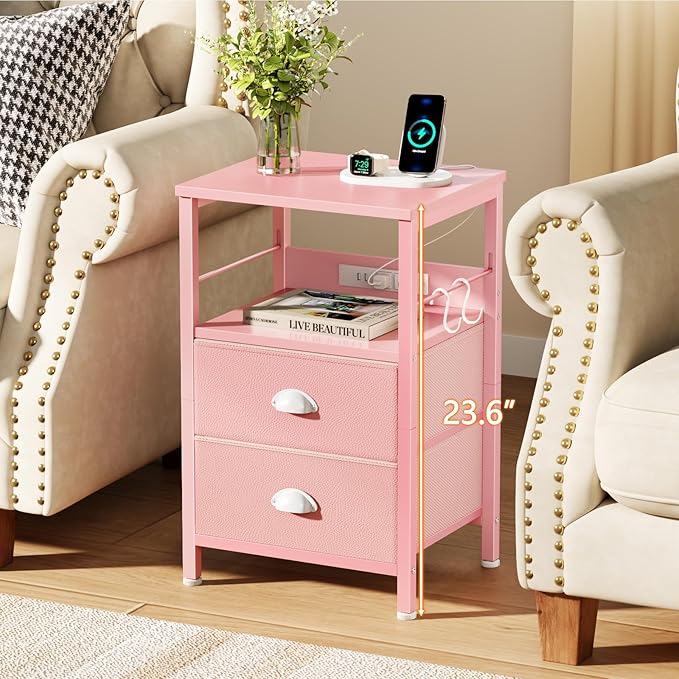 Furologee Nightstand with Charging Station, Night Stand with 2 Fabric Drawers, Side Table with USB Ports, End Table with Storage Shelf, for Living Room/Bedroom, Pink