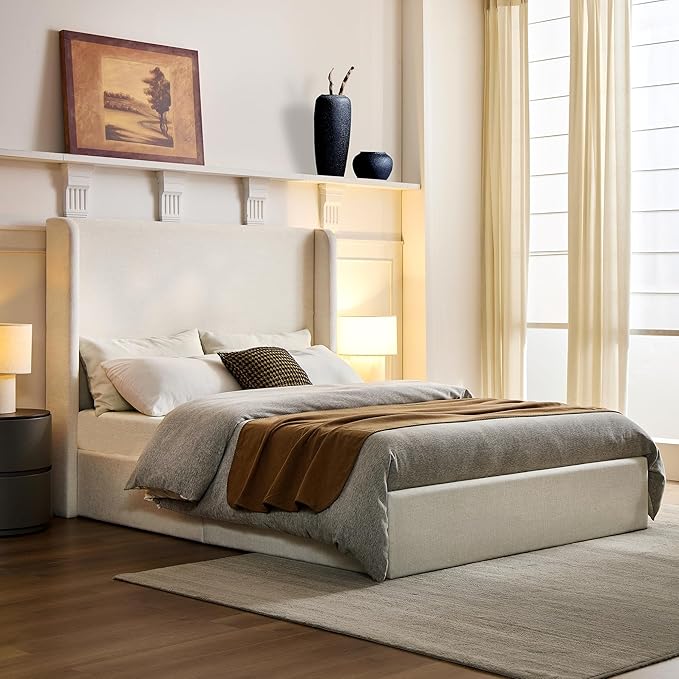 Queen Size Upholstered Bed Frame, Harper 54" Tall Headboard Platform Beds, Wingback Headboard Bedframes/No Box Spring Needed/Easy Assembly/Elegant Simplicit, Textured Ivory Canvas Chenille