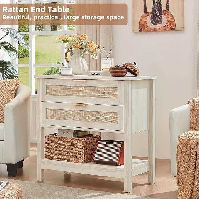 LEYAOYAO 31.5" Wide Rattan Night Stand, Oversized Large Boho Nightstand with 2 Drawer, Grey White Bed Side End Tables with Storage Shelf, Tall Bedside Table for Bedroom Living Room, Hallway