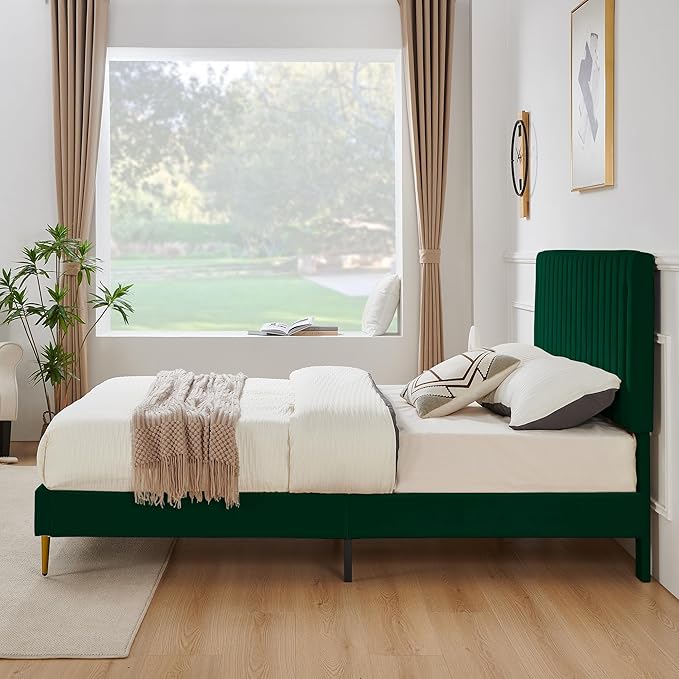 Full Platform Bed Frame, Velvet Upholstered Bedframe with Vertical Channel Adjustable Headboard, Golden Plating Trim, Mattress Foundation with Wooden Slats, No Box Spring Needed, Green