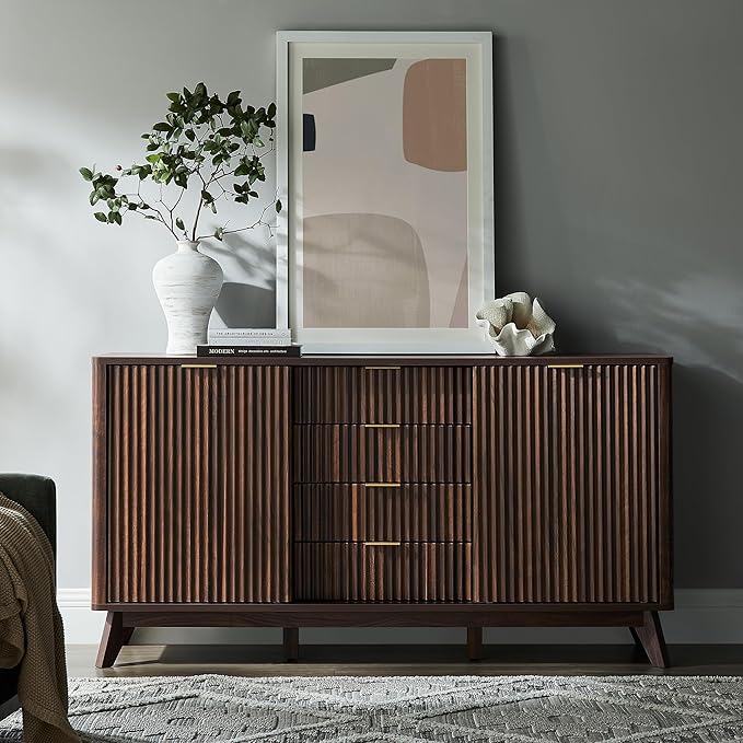 T4TREAM Fluted Buffet Cabinet, 60" Modern Sideboard with Sliding Doors & 4 Drawers, Coffee Bar Table with Storage, Curved Profile Design for Dining Room, Living Room, Dark Walnut