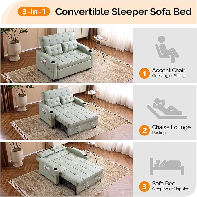 VINGLI Green Futon Sofa Bed Convertible Loveseat Sleeper Couch, Faux Leather Pullout Sofa Fold Out Couch Bed with USB Ports, Cup Holders, Armrest for Living Room, Bedroom Apartment Room