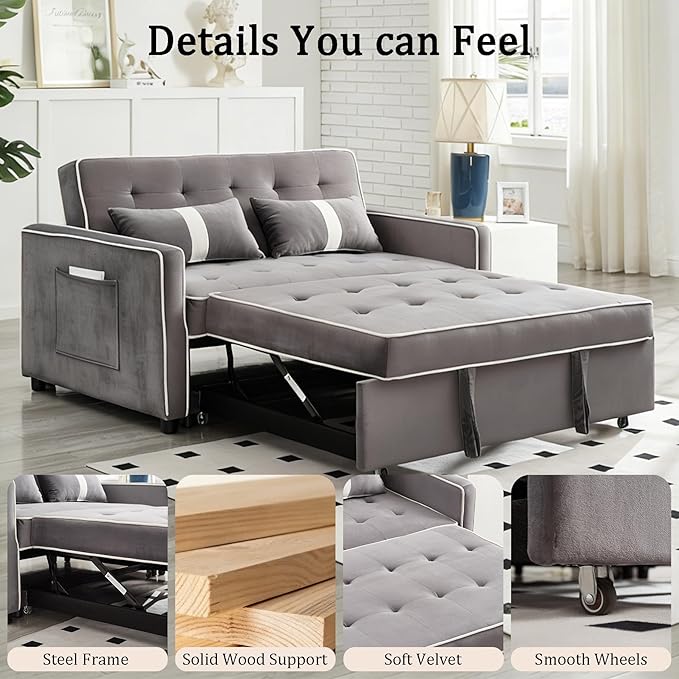 Convertible Sofa Bed, 3-in-1 Loveseat Futon Sofa Bed with 3-Position Adjustable Backrest & Side Pocket, Modern Velvet Fabric Pull Out Couch for Living Room, Small Spaces (Grey)