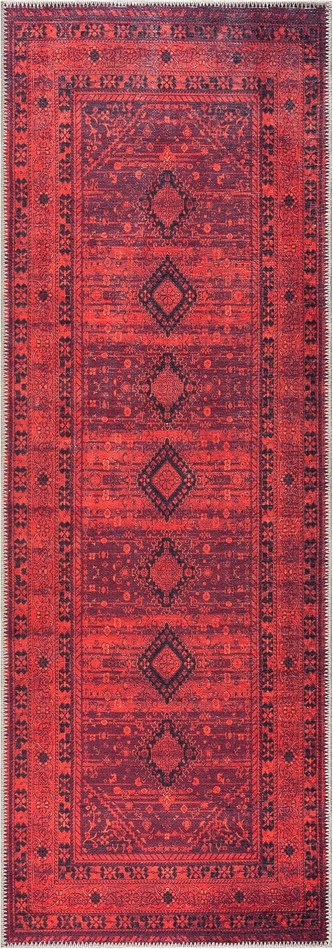 Bloom Rugs Washable Non-Slip 12 ft Runner - Red Traditional Bordered Runner for Entryway, Hallway, Bathroom, and Kitchen - Exact Size: 2.5' x 12'