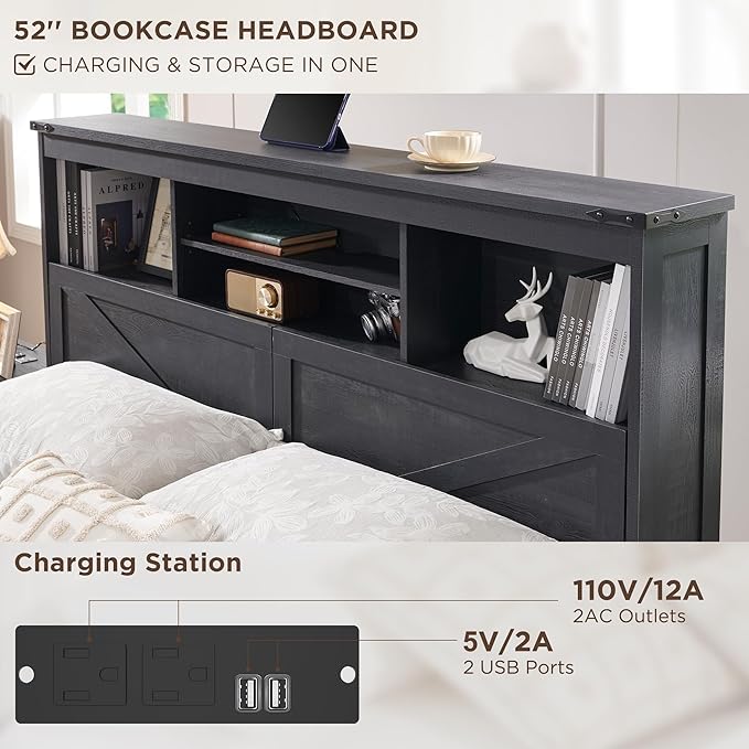 ACCOHOHO Farmhouse King Size Bed Frame with 52" High Storage Bookcase Headboard and 4 Drawers,Wooden Bed Frame with LED Light and Charging Station,Black