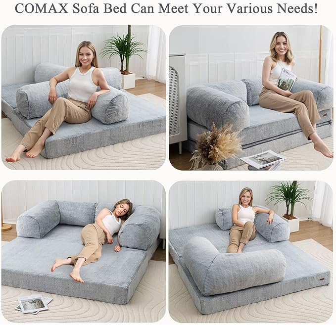 COMAX Folding Sofa Bed Queen, Foldable Couch Bed, Fold Out Futon Chair Sleeper for Adults, Convertible Floor Mattress Sofa for Bedrooom Living Room, Snow Light Grey