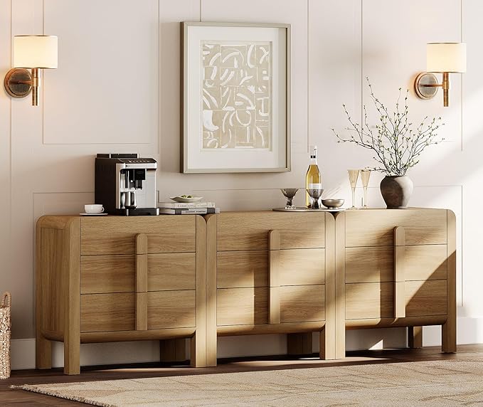WAMPAT 3 in 1 9 Drawer Dresser for Bedroom, 94.5" Wide Mid Century Modern Wide Chest of Drawer, Wood Tall Nightstand with Curved Edge Handles, Closet Dresser TV Stand for Bedroom, Light Walnut