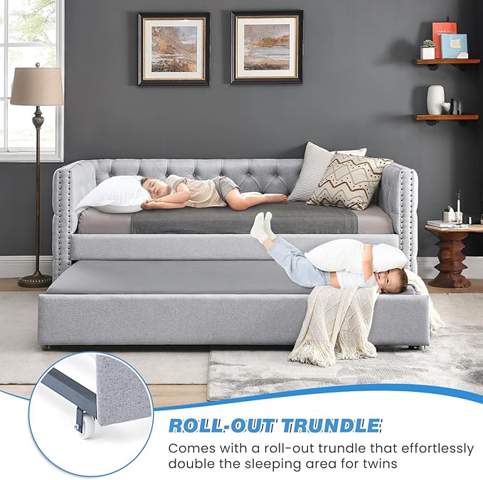 Antetek Daybed with Trundle, Upgraded Linen Upholstered Twin Size Day Bed Button-Tufted Sofa Daybed Frame with A Trundle,No Box Spring Needed,Furniture for Bedroom Living Room (Light Grey, Twin)