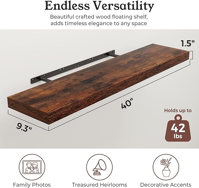Floating Shelves for Wall, 9.3" Deep Wall Mounted Wood Shelves for Bathroom, Bedroom, Living Room, Kitchen, Hanging Shelf for Books/Storage/Room Decor (Brown, 40")