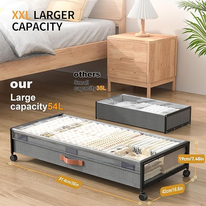 Under Bed Storage with Wheels, XXXL Larger Under Bed Storage Containers with Clear Lids, 36'' Lengthen Under Bed Shoe Organizer for Shoes Clothes(Grey 2 Pack, XXXL(36"x16.6"x7.48"))